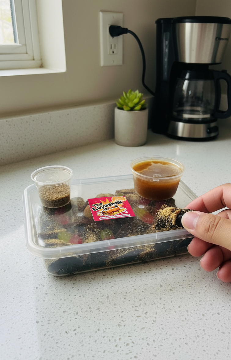 Hand serving a Chilli Milli lavashak roll from the tray, with The Lavashak House branded packet