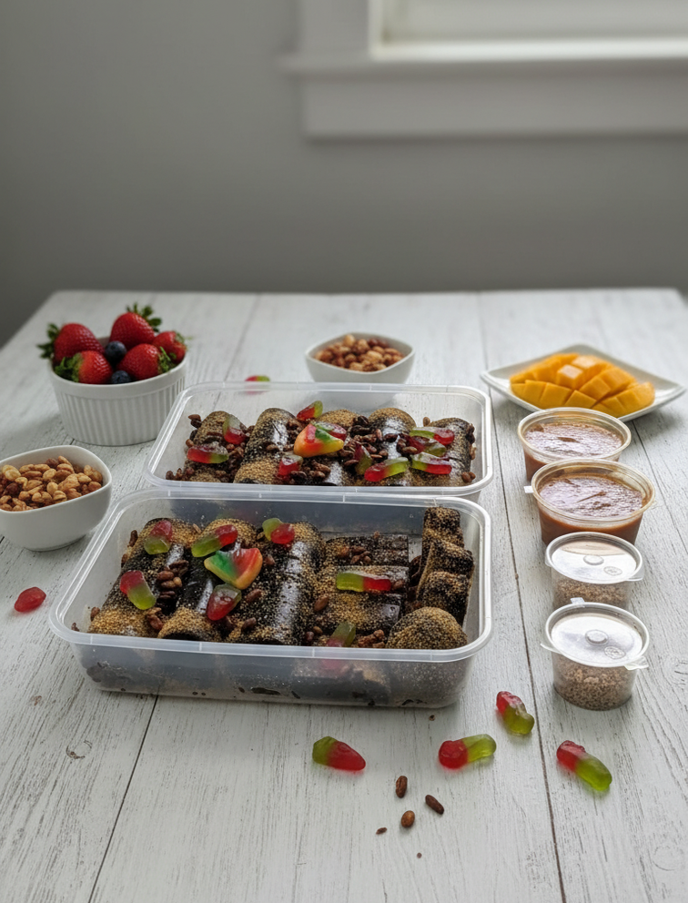 Two lavashak celebration trays with strawberries, mango, nuts and dipping sauces