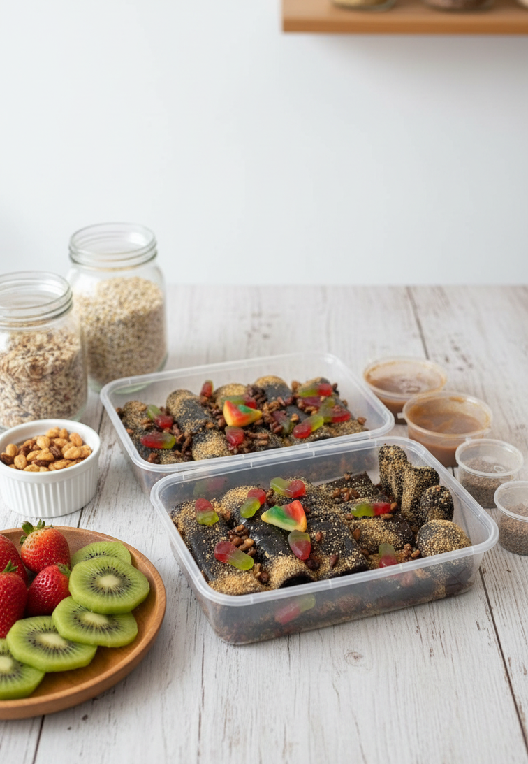 Celebration box of lavashak rolls with kiwi, strawberries and nuts on a white wooden table