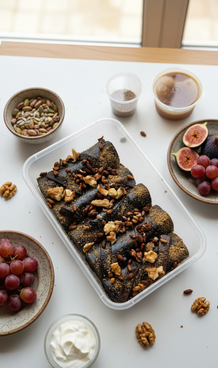 Lavashak Anaar and walnut rolls topped with crushed akhrot in a takeaway tray, served with figs and grapes