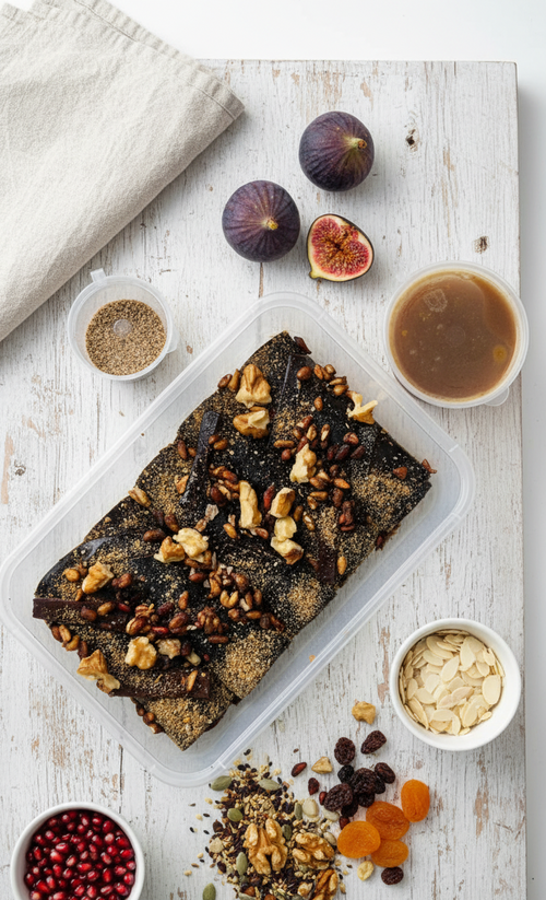 Pomegranate and walnut lavashak rolls in a tray with churan masala, imli sauce, dried apricots and anaar seeds