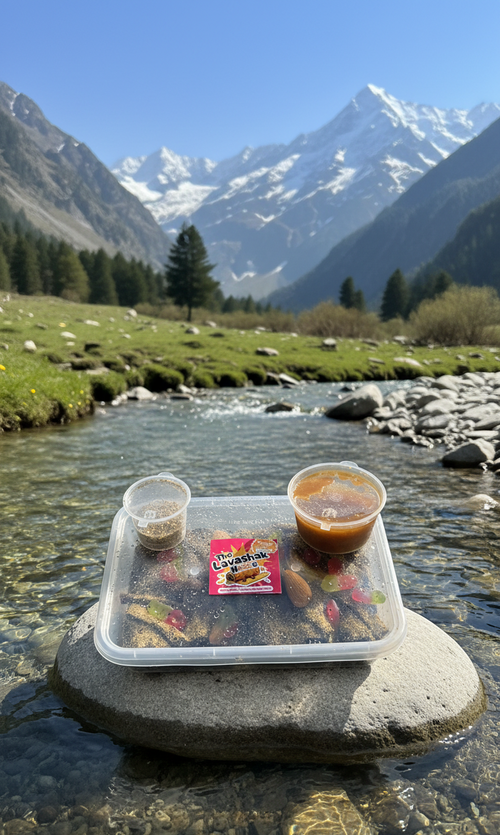 Chilli Milli lavashak tray photographed outdoors by a mountain stream