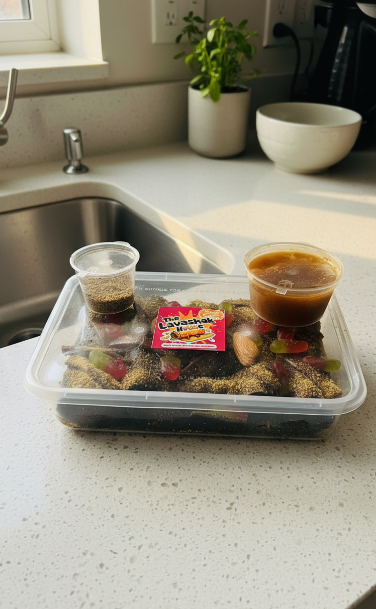 Chilli Milli lavashak tray with imli sauce cup and branded packet beside a kitchen sink