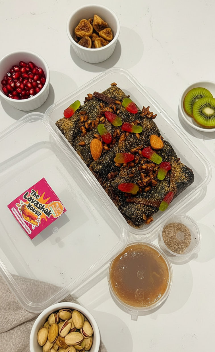 Lavashak Sour and Spicy rolls with anaar seeds, figs, kiwi and pistachios, served with imli sauce